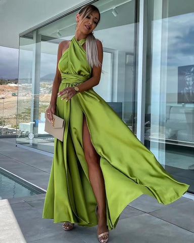 Robe vert anis satinée - NELLE